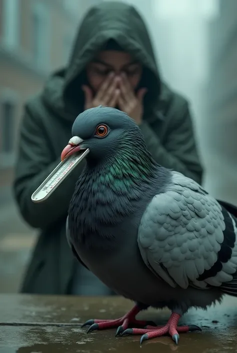 Sick futuristic Peruvian pigeon with a thermometer in its beak and a person crying in the background 