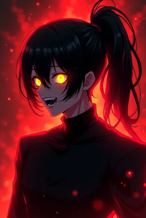 Male teenager, full body anime style, with the body being represented as a shadow with a red aura and only half of his face being normal, bright golden yellow eyes, serrated teeth and long black hair tied into a voluminous ponytail full of reddish hair hig...