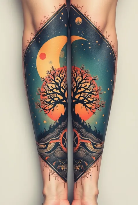 Beautiful tattoo with universe, peace, unalome and tree of life and geometric finish for forearms and make it clean and clear with lines and geometric finish with planets 