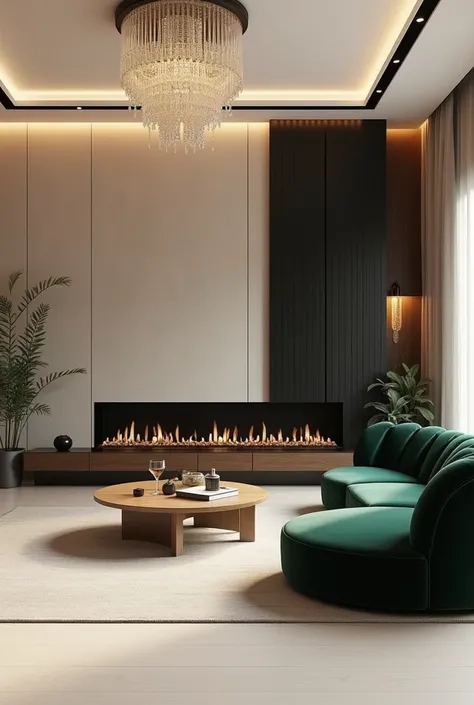 Professional 3d architecture rendering design of modern and minimal living room with dark green velvet modern sofa  set and  modern crystal ceiling lighting and wooden consulate and light cream laminate and modern green space and black wooden fireplace and...