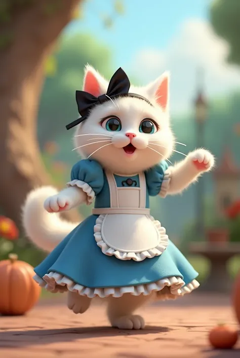 3D cute baby kitten　猫Dance　A white furry cat is playing　The cat is dressed as Alice in Wonderland from Disney　Alice in a blue dress　A cute cat wearing a white apron dress and a ribbon headband is dancing standing on its hind legs.頭に黒いリボンをつける