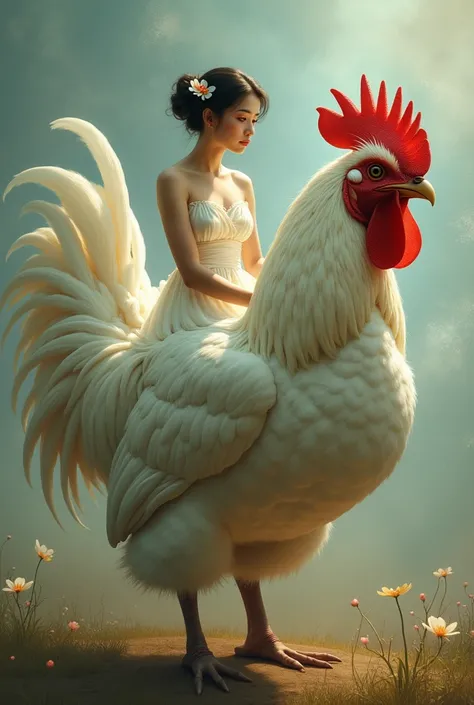 A woman sitting on a cock