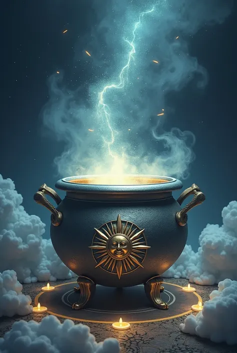 a kind of closed silver cauldron on which its top had a sun stamped that came out from between the clouds in the middle of it there was a sea of shooting stars and at the feet of the cauldron it was full of patterns in the shape of a crescent moon the full...