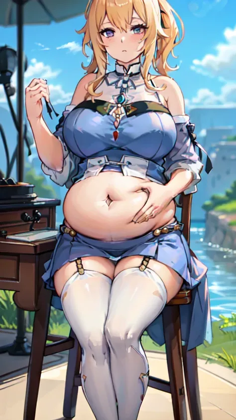 (masterpiece, best quality), 1girls, big belly, blurry background, huge belly, art by kipteitei, round belly, chubby, curvy, white button-up shirt, skirt, thighhighs, simple_background, gradient_background, belly bursting out of shirt, belly grab, enormous...