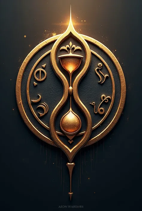 Design a 2D logo for Aeon Warriors featuring an infinity symbol or hourglass as the central motif. Surround this symbol with mythological symbols representing all Yugas. Use earth tones complemented by metallic bronze and silver for the color scheme. Enclo...