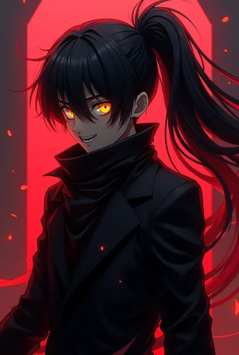 Male anime-style teenager with a slight red aura and half of his face completely black with only his bright golden yellow eyes., serrated teeth and long black hair tied into a voluminous ponytail full of reddish hair highlights. wearing a long black coat