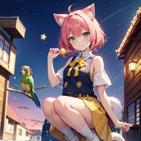 One Girl(human, Not cat ears, No corners), Shoulder-length hair, spread, bright_Pink hair, Seductive green eyes, Drooping eyes, mysterious_expression, smile, Early teens_exterior, short, [cute, White turtleneck short sleeve shirt, Blue Vest, Red Skirt, Yel...