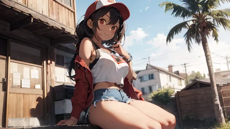 1 female, dread hair, black hair, light skin, brown skin, red eyes, huge breast, thick legs, freckles, red jacket, white tank top, short short, yellow shorts, sun glasses, black boots, hip hop cap, sunset sky, home, bedroom, happy face, sitting down, thick...