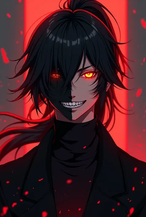 Male anime-style teenager with a slight red aura and half of his face completely black with only his bright golden yellow eyes., serrated teeth and long black hair tied into a voluminous ponytail full of reddish hair highlights. wearing a long black coat