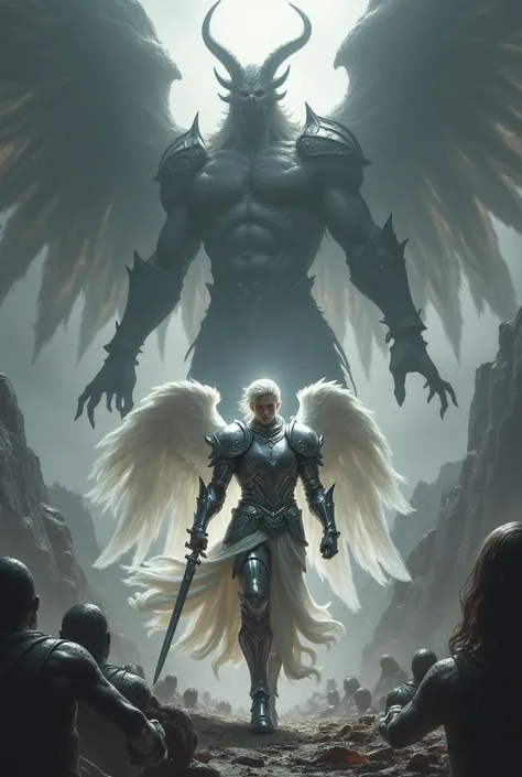 photo image, 1 male Angel descending down from heavens, (full plate armor and shining sword), extremely handsome youth, no facial hair, high cheekbones, flawless metallic skin, silver hair, ethereal, silver light spilling around him, facing a horde of demo...