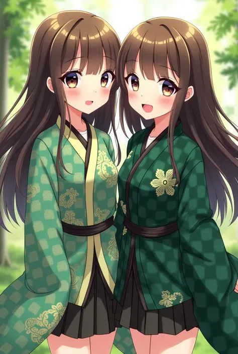 2 anime girls with haori with green and black checks and brown hair