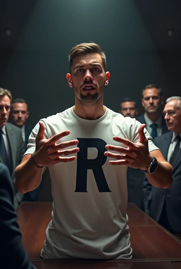 young man with short, thin goatee standing wearing ring/groom&#39;s ring on the ring finger on the right hand and silver watch on the left wrist and both hands visible and with the letter R big on his shirt and he is furious screaming and looking directly ...