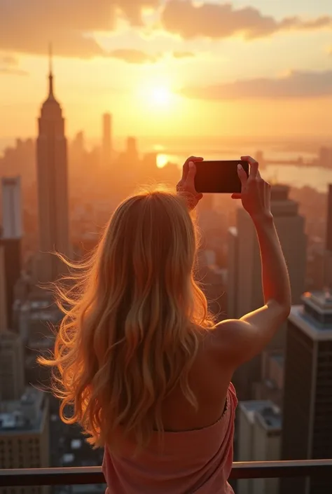 A cinematic photograph ,symmetrical of a blonde taking a selfie from the top of a building, hyper realistic full frame image, in the background a flare of light with rays from the 5pm sun , richness in the details of the full HDR , with fake speed effect 