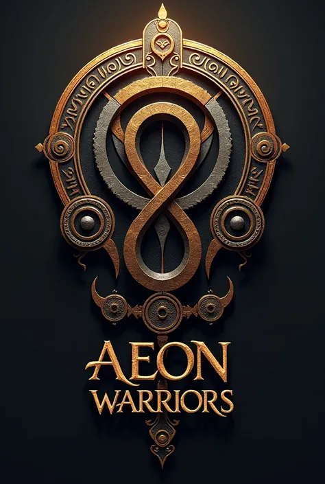 Design a 2D logo for Aeon Warriors featuring an infinity symbol or hourglass as the central motif. Surround this symbol with mythological symbols representing all Yugas. Use earth tones complemented by metallic bronze and silver for the color scheme. Enclo...