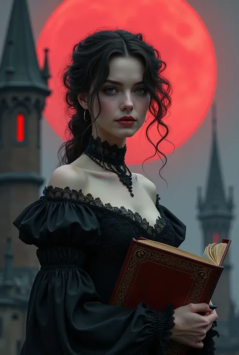 A beautiful vampire girl, pale skin. Detailed medieval royal dress. lace choker. (Beautiful curly defined curls hair). With a big old book in his hands. (Thin texture, voluptuous and gallant) photoretracted. close up. Top of a castle with gargoyles. myster...