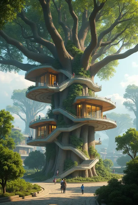 Two-story habitable tree houses between the branches like a city type that has a connection with the same tree house next to it and you can see from the background the same thing seen from the front with vanishing points repeated many times with vegetation...