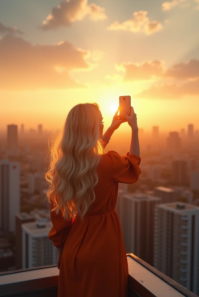 A cinematic photograph ,symmetrical of a blonde taking a selfie from the top of a building, hyper realistic full frame image, in the background a flare of light with rays from the 5pm sun , richness in the details of the full HDR , with fake speed effect 