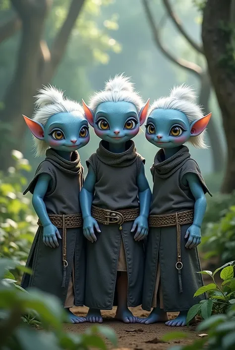 no horns, no dragon or lisard head, no big ears, no tail, no pointed ou elfic ears, a group of 3 diverse age bluish-gray skin humanoid , small scales on arms, white hair, lilac pupils, animal leather clothing, standing and smiles in an open forest, intrica...