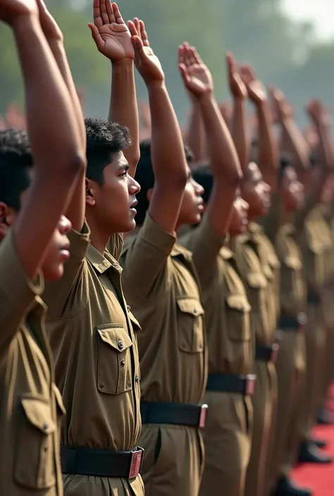 Side view of Ten nineteen year old indian cadet boys wearing their cadet uniform kneeling in the cadet college crowd with their hands stretched perfectly straight high up above their heads and boys hands are tired and hands paining 