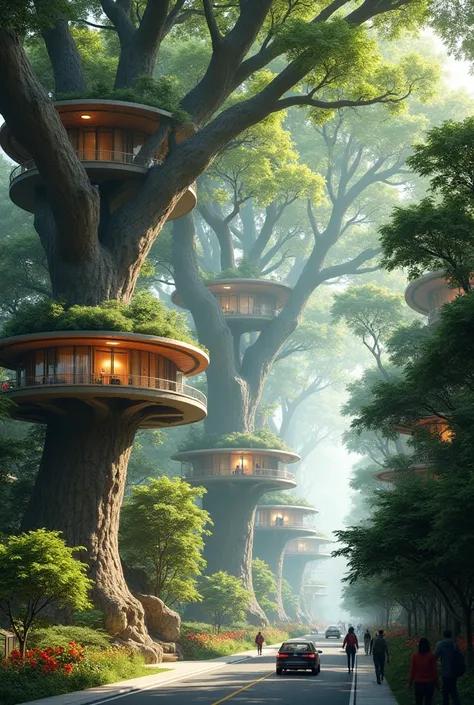 Two-story habitable tree houses between the branches like a city type that has a connection with the same tree house next to it and you can see from the background the same thing seen from the front with vanishing points repeated many times with vegetation...