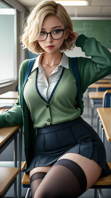 a 4 professor sits in a chair in a classroom. she has short blonde hair and wears large glasses.、green eyes、a slightly open blou...