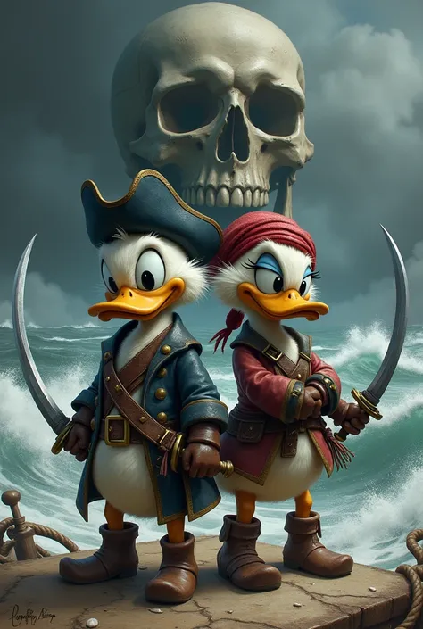 Donald and daisy as realistic pirate with a pirate skull in the background