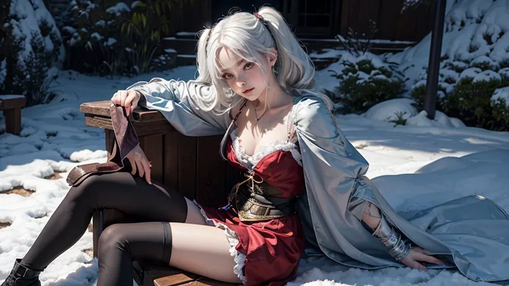 Ciri from The Witcher 3 game in light armor with a silver sword sitting in a tavern leaning back in his chair and drinking beer, bohemia, painting by Anna Dittman, white hair, scar on cheek, happy tears, longeyelashes, earrings, light smile, clover hair or...