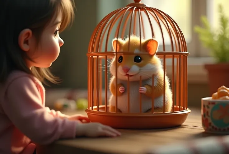 a tiny big brother in a hamster cage,the pet of his normal-size little sister,highly detailed,intricate,photorealistic,hdr,8k,hyper realistic,cinematic lighting,dramatic shadows,warm color tones,cute expression,adorable,heartwarming,whimsical,fantasy,magic...