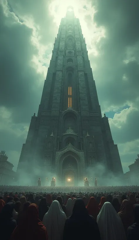 a massive tower reaching towards the sky, descendents of noah, epic biblical scene, dramatic cloudy sky, divine light shining down, intricate architectural details, chiaroscuro lighting, moody atmosphere, volumetric fog, detailed stone masonry, large crowd...