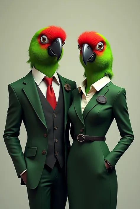 A green parrot with a red forehead wearing a formal suit and tie, with a black badge in the left pocket of the suit, Also a totally green parrot wearing a formal woman&#39;s dress with a black plate in the left pocket of her blouse