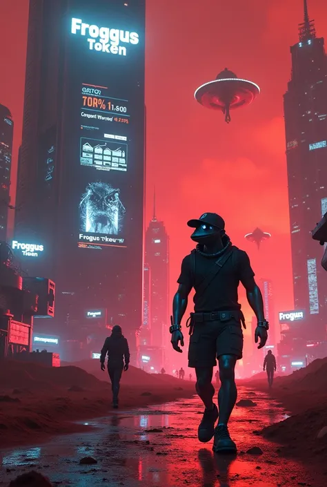 A futuristic city on Mars is revealed under a dark, red sky, lit by gigantic skyscrapers with glass and metal facades that glow in neon hues. Protective domes cover parts of the city, reflecting the colored lights and giving the environment an alien and te...