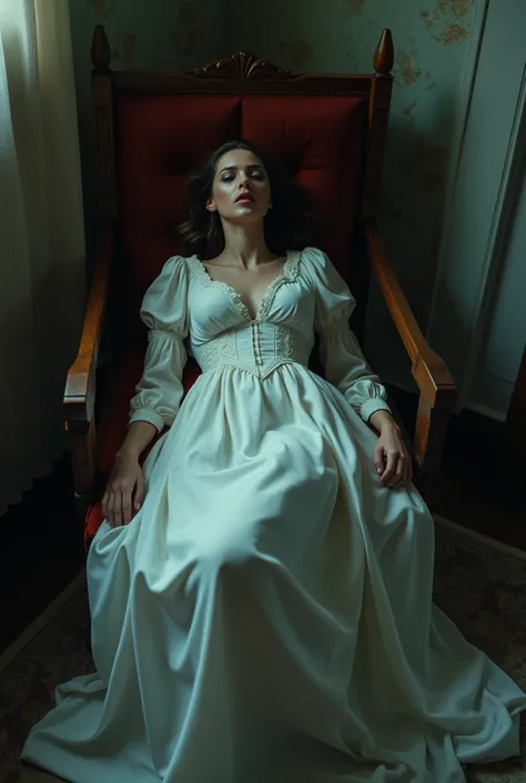 dead woman laying on a chair (laying: 1.0), her neck twisted at an unnatural angle, broken neck, inspired by Alexandre Cabanel, Victorian, beautiful long white dress, opened eyes, death stare, look of hate, white russian clothes, beautiful with eerie vibes...