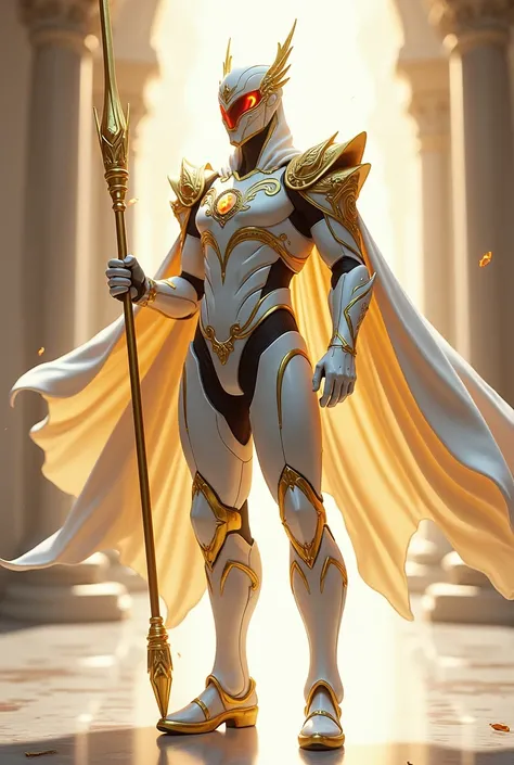 Create an image of a Celestians soldier, showcasing their signature White and Gold colors. The soldier wears gleaming, polished white armor with intricate gold filigree along the edges, giving the design a regal and divine appearance. Their helmet has a sl...