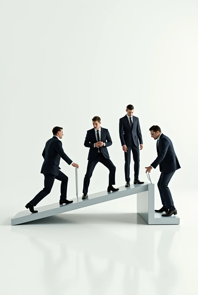 (photorealism:1.2), men surving, using board, white background, no water, wearing formal suit and tie