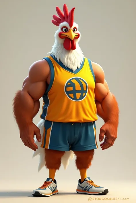 (photorealism:1.2), cartoon chicken like a human wearing a volleyball jersey with a muscular and sturdy body with the symbol of an island child written on the front wearing volleyball shoes

