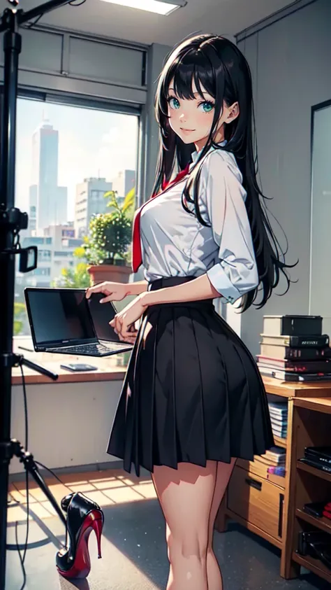 ((masterpiece, high resolution, Better quality, Better details)), ((Smile)), ((A girl)) A girl坐in office里, whole body, Overlength skirt, Long skirt, ((Long skirt without openings)),((louboutin High heel)), Green Eyes , ((Black Hair, Long hair)), Skin Brigh...