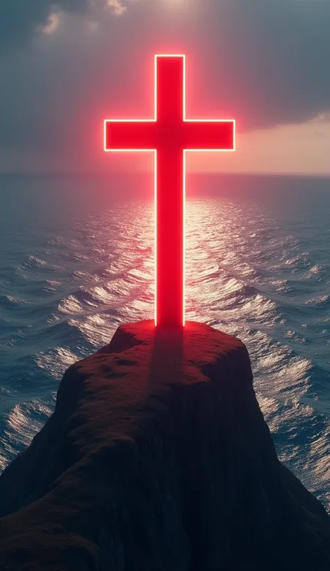 Create an image of a thick cross, red maltese cross equal sides , representing the Vasco da Gama football team, shining brightly atop a towering hill. The cross should be highlighted with an intense glow effect., reflecting light in the sea with waves