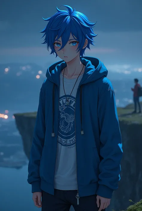 1 young god, 1,85 tall, hair blue, shirt with phoenix logo, normal blue jacket, Cool eyes, introverted, frowning, on the edge of a cliff at night. young adult 