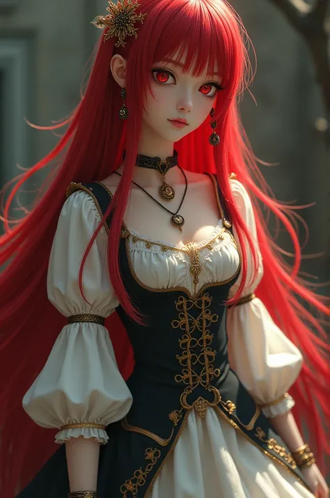 a girl with red eyes, a blouse from the Middle Ages with long hair but behind her back there is a large red lock and she wears like an aesthetic vest with her skirt down to her knees and with white stockings 