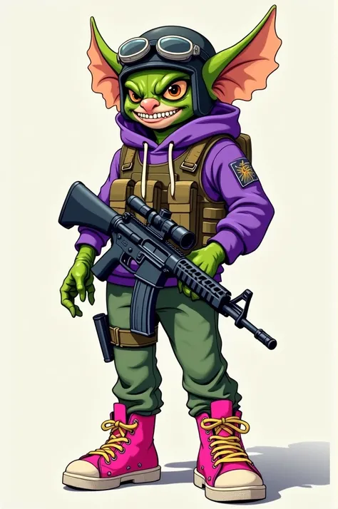 The image features a stylized character illustration that appears to be a blend of a gremlin and a modern-day soldier. The character is wearing a helmet with goggles, has sharp teeth. It’s dressed in a tactical vest, purple hoodie, green pants, and pink hi...