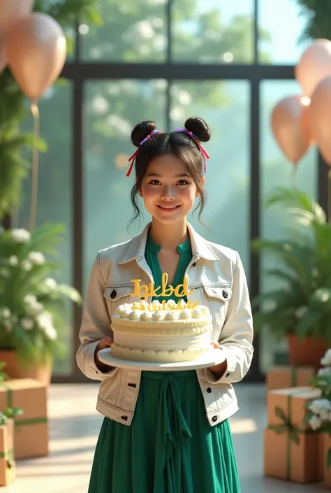 A beautiful woman with an Indonesian face, bun hair decorated with ribbons, a Tosca green dress, a white jeans jacket, Standing with hands holding a birthday cake with the text HBD Poppy written on it, Smiling in a Luxury glass room decorated with balloons...