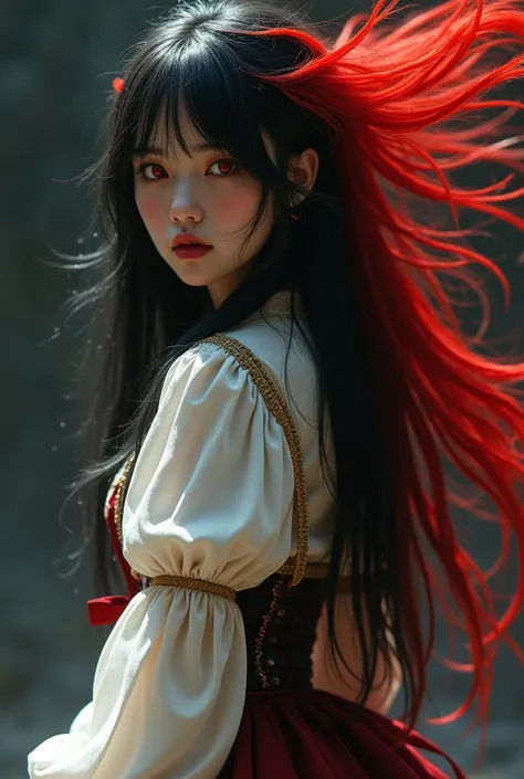 a girl with red eyes, a blouse from the Middle Ages with long black hair but behind her back there is a large red lock and she wears like an aesthetic vest with her skirt down to her knees and with white stockings 