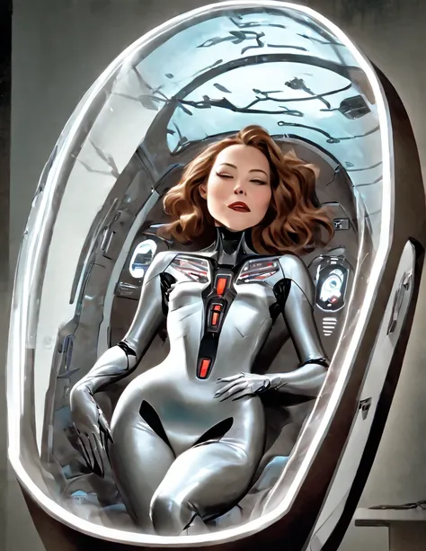 a middle-aged woman in a futuristic body suit,lying prone inside a sci-fi metallic capsule-shaped coffin,the interior glowing re...