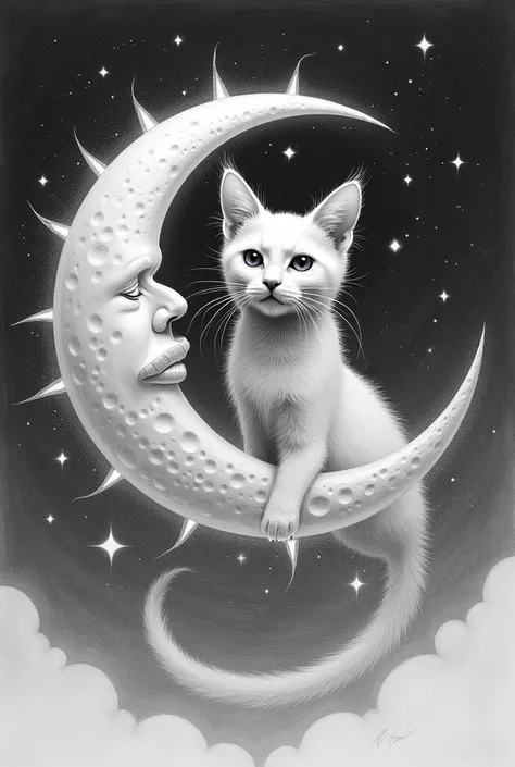 Make me a pencil drawing of the sun fused with the moon and a cat in the center