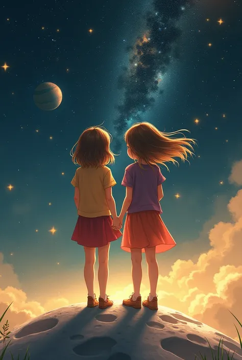 two friends, of the same age (2) white skin color, brown hair, one has hair soon, and the other has hair reaching her shoulders, in space (galaxy) with gold details, on top of the moon.