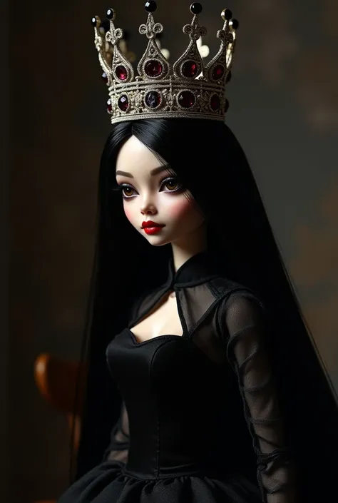 Create a doll with long straight black hair, brown eyes, red lips, dressed in black and wearing a large queen&#39;s crown on her head.