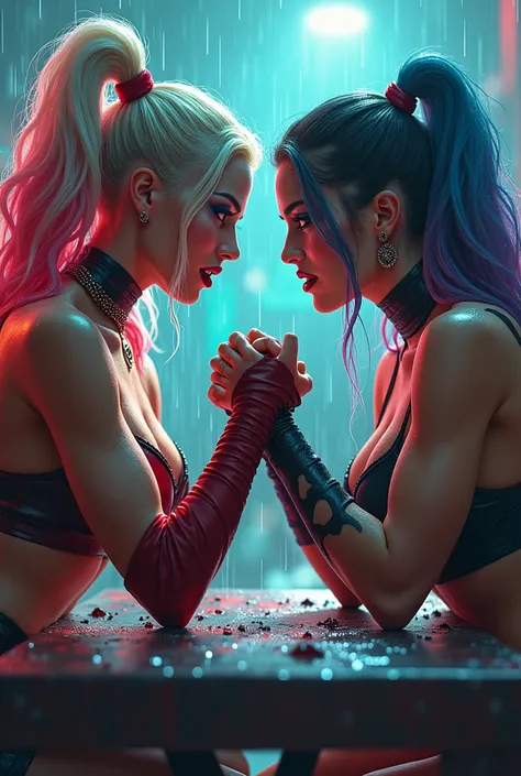 sexy harley quinn vs jinx lol sexy  , arm wrestling in the rain multiple vivid colors watercolor 4k 