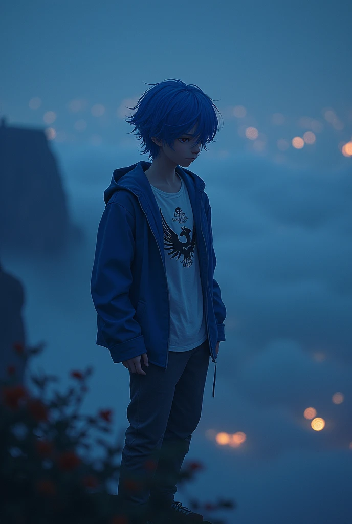 1 young god, 1,85 tall, hair blue, shirt with phoenix logo, normal blue jacket, Cool eyes, introverted, frowning, on the edge of a cliff at night. young adult