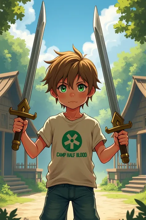 athena kid brownish blond hair with green eyes and swords camp half blood shirt cabin6