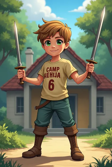 athena kid brownish blond hair with green eyes and swords camp half blood shirt cabin6